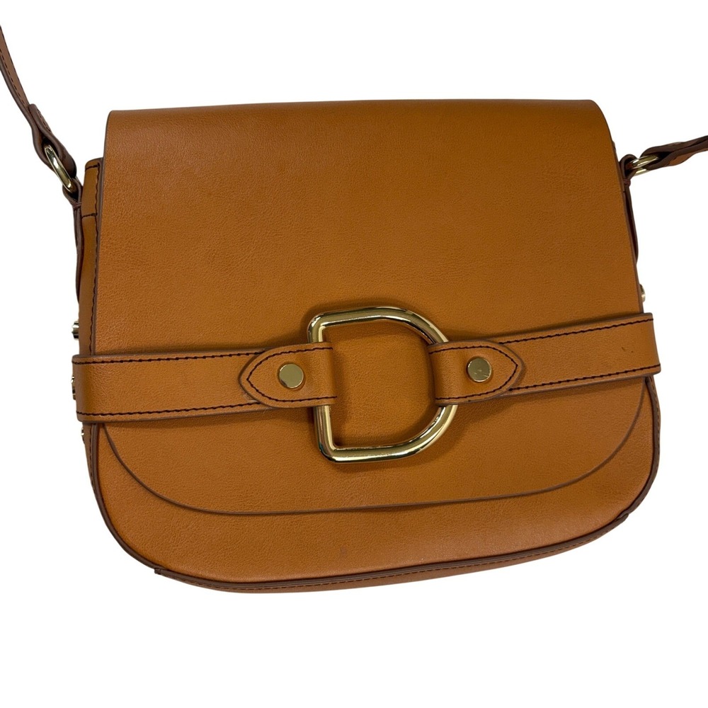 Abercrombie & Fitch Tan Faux Leather Crossbody Saddle Bag Gold Buckle Studded